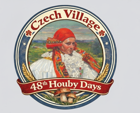 A circle has a painting of a woman in a red headscarf with the words "Czech Village: 48th Houby Days."