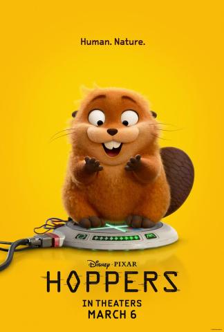 The "Hoppers" movie posters shows an excited beaver standing on a machine under the words "Human. Nature."