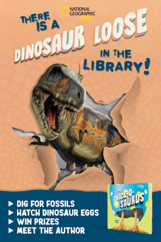 dinosaur breaking through the background of a poster, with program information included