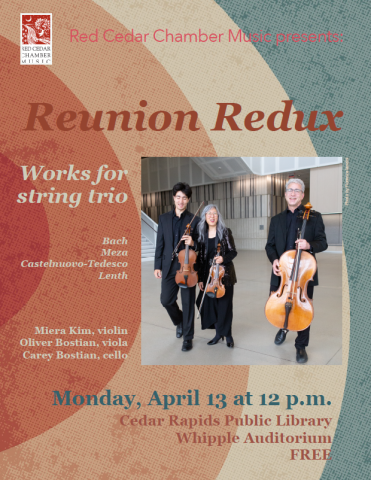 Three musicians holding string instruments with text of program information