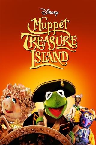 A movie poster for "Muppet Treasure Island" shows Kermit in a pirate hat at a ship's wheel with Miss Piggy.