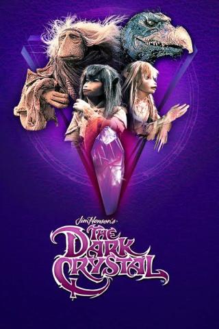 A movie poster for "The Dark Crystal" shows creatures coming out of a large crystal over a purple background.