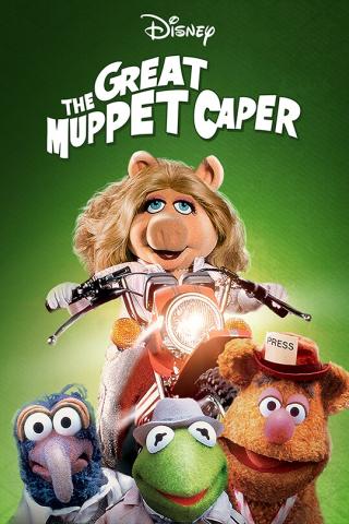 The movie poster for "The Great Muppet Caper" shows Miss Piggy on a motorcycle behind Kermit and two other Muppets.
