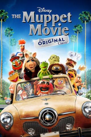 A movie poster for "The Muppet Movie" shows the Muppets in a convertible driving through palm trees.