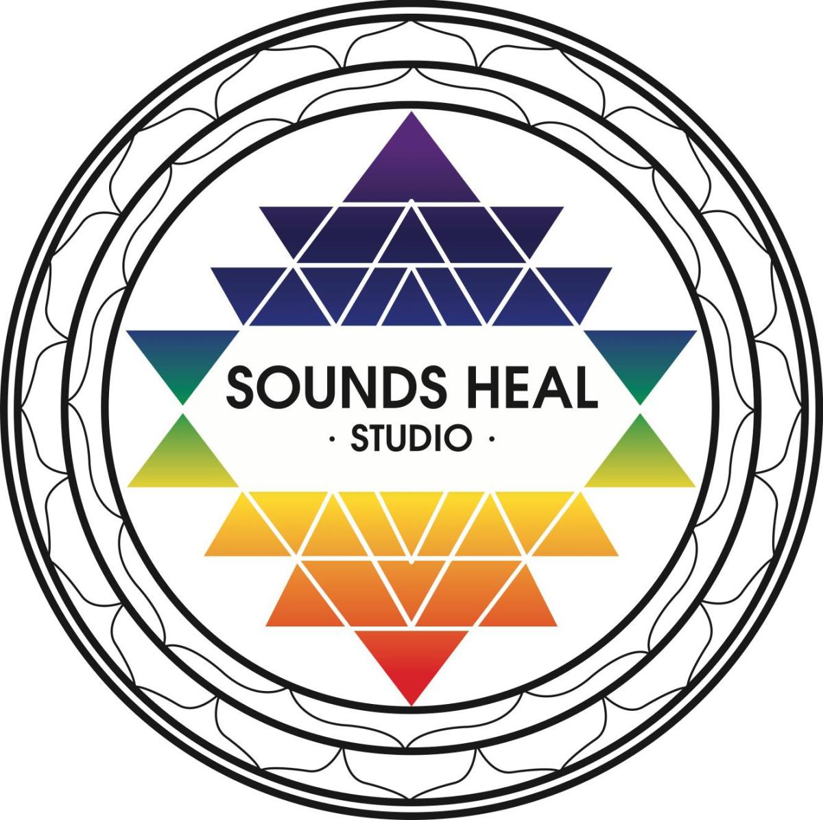 A logo has a colorful geometric shape around the words "Sounds Heal Studio."