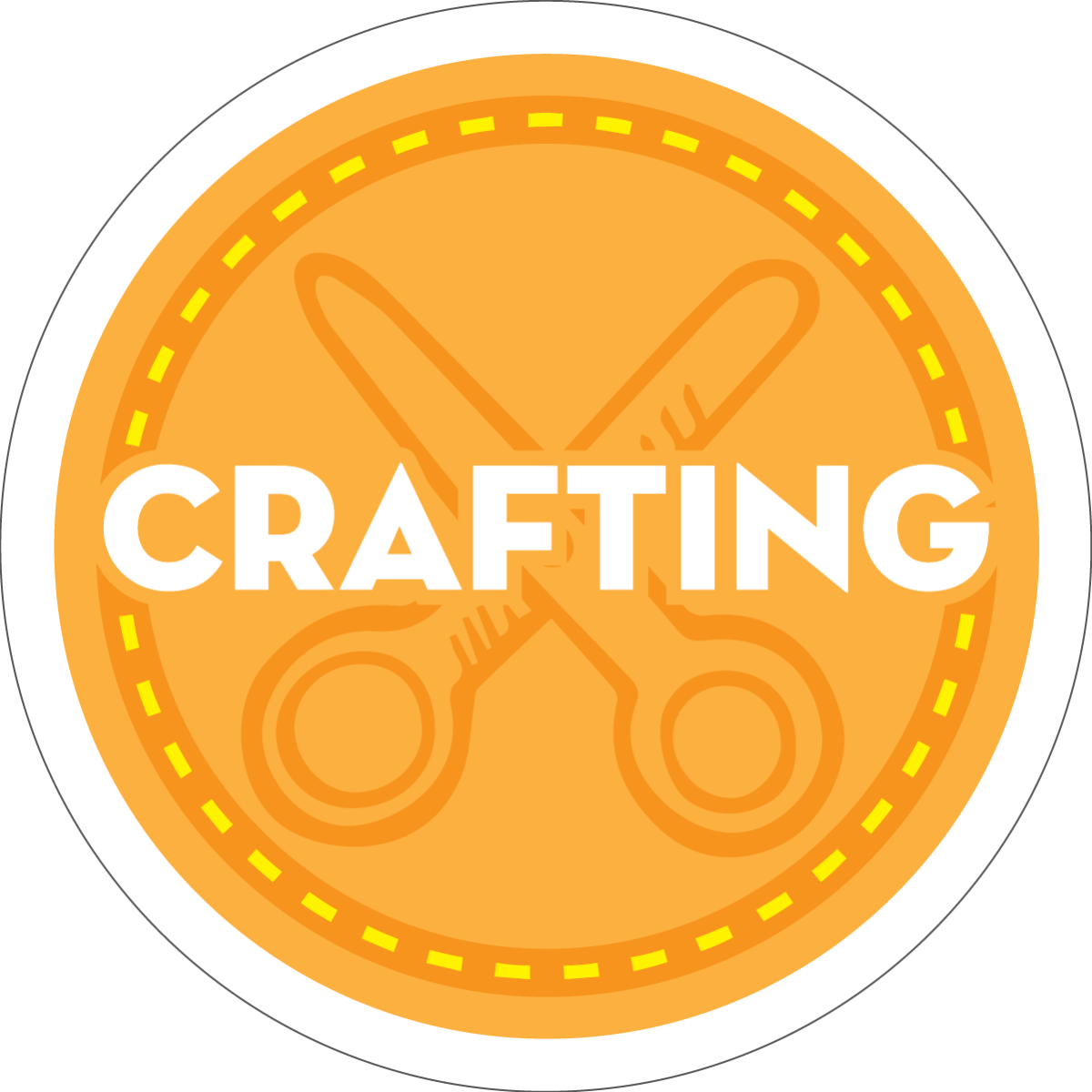 An illustration of scissors with the word "Crafting" on a yellow circle.