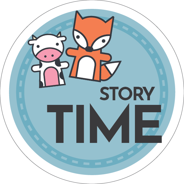 Illustration of animal puppets with the words "Story Time."