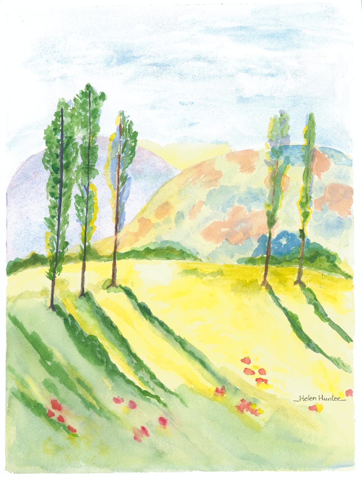 A painting shows trees and flowers on a hill.