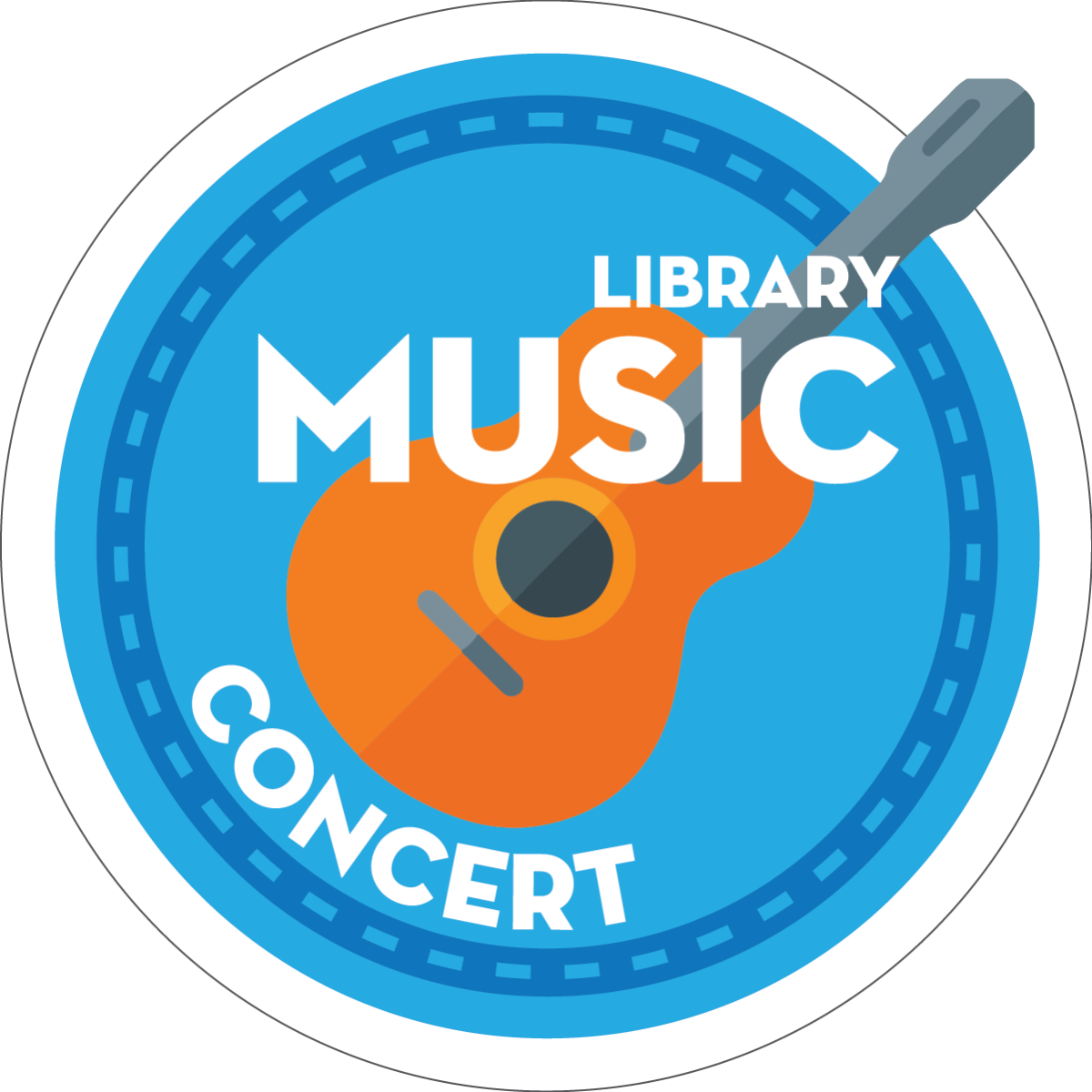 The words Library Music Concert over an illustration of a guitar on a blue circle.