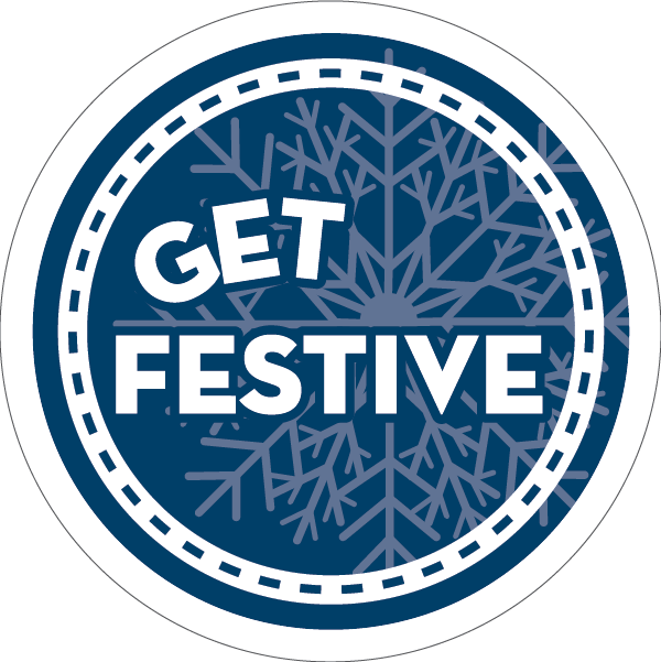 "Get Festive" written over a snowflake in a blue circle.