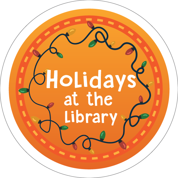 Twinkle lights in an orange circle around the words "Holidays at the Library."