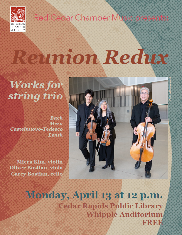 Three musicians holding string instruments with text of program information