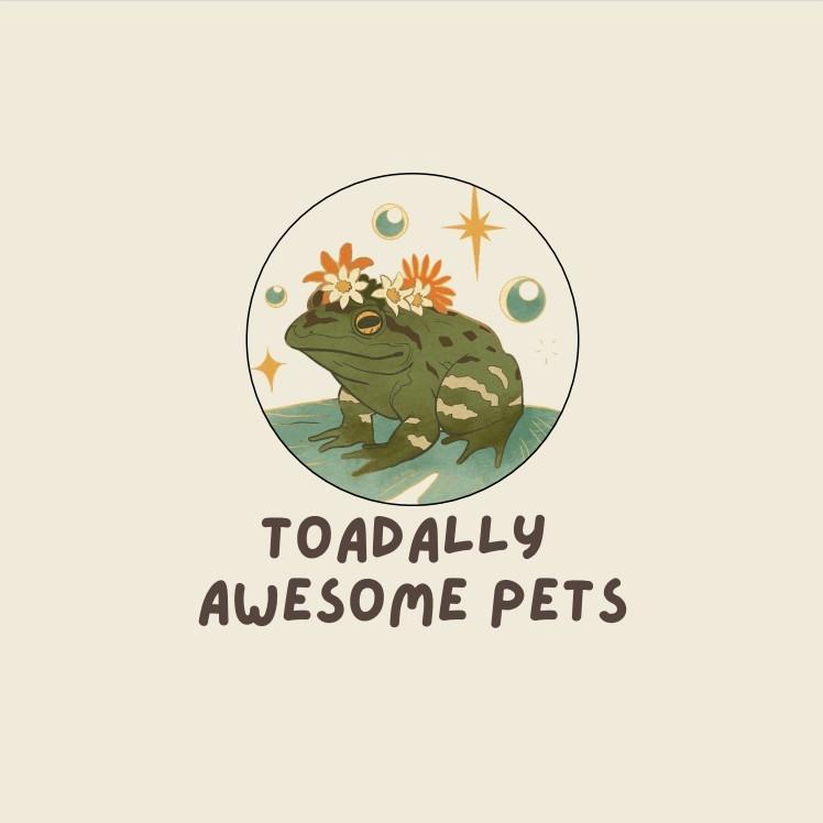 An illustration of a frog wearing flowers on its head over the word "Toadally Awesome Pets."