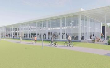 Rendering of new westside library from the west with people outside