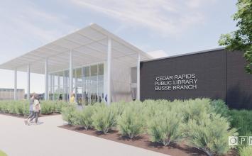A rendering shows a library building with the words "Cedar Rapids Public Library Busse Branch."