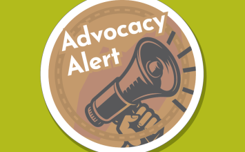 An illustration shows a hand holding a megaphone and the words "Advocacy Alert"